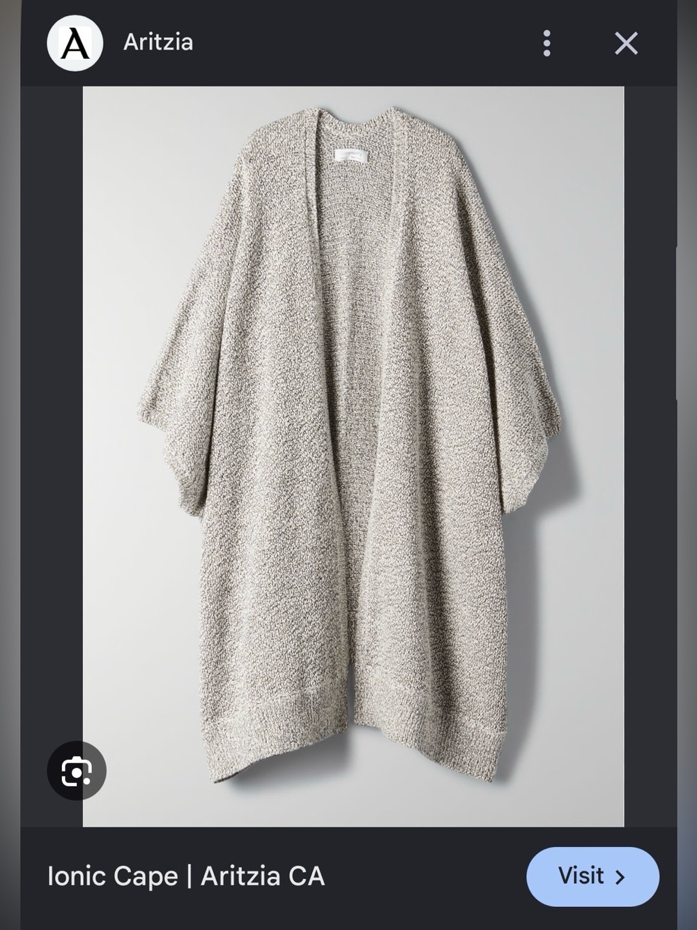Aritzia IONIC CAPE Salt and Pepper Community Cardigan